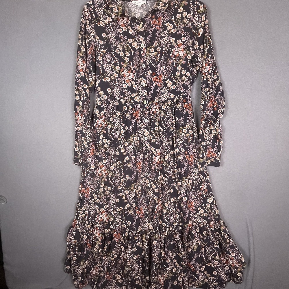 Bohme Floral Print 100% Rayon Long Sleeve Button Down Boho Dress Small